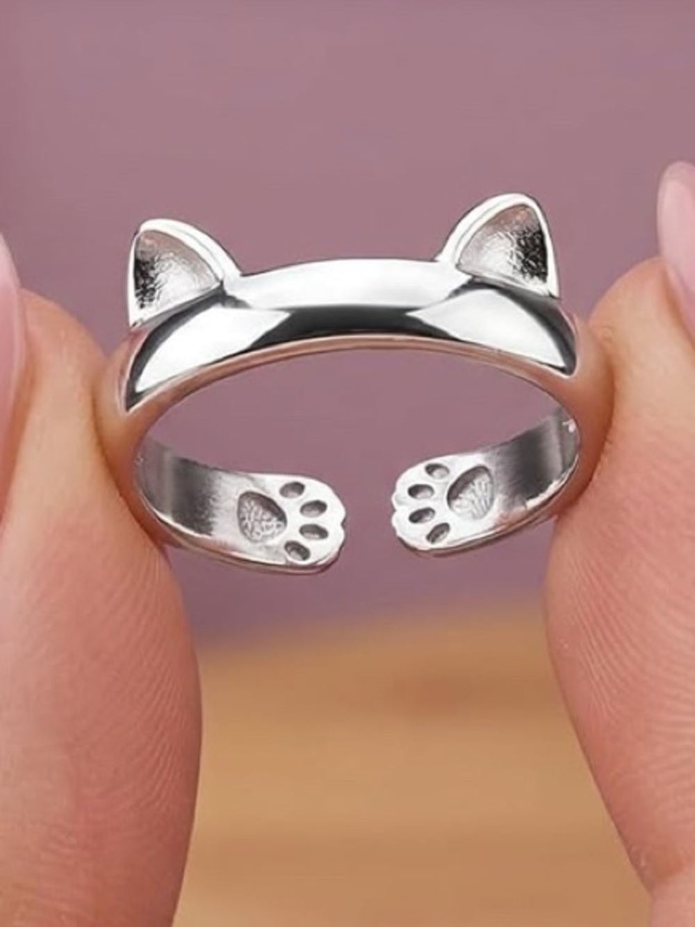Cute 925 Sterling Silver Cat Ear & Paw Adjustable Ring